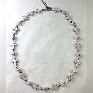 Christian Cross Howlite Gemstone Beads, White Pearls, Silver Clasp Necklace